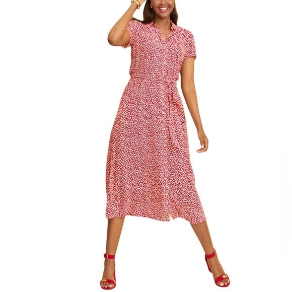 Talbots Leopard Tie-Waist Button Front Midi Shirt Dress 3/4 Sleeve Viscose Coral - Picture 1 of 16